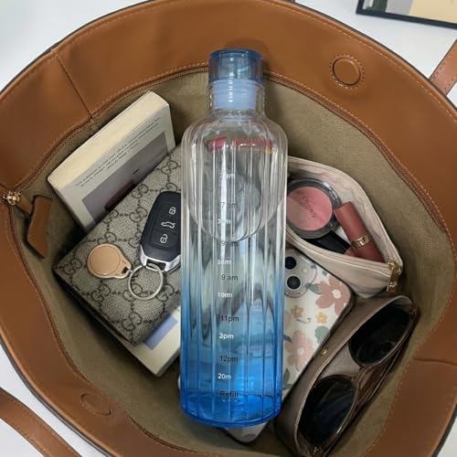 Image of Borosilicate Water Bottles, H2O Fridge Water Bottle with Cap, Leak proof & Airtight Lid, Water Bottle for Office, School, College - 500ml Bottles with Time Marker (Striped Blue)