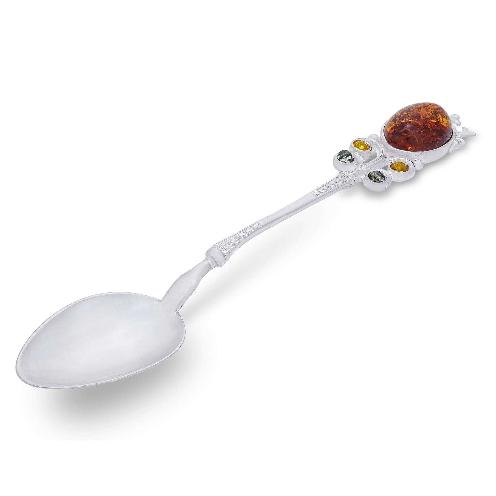 Srebrna łyżka Windsor z bursztynem, srebro połysk 925, bursztyn bałtycki w trzech kolorach, dł. 12,7 cm