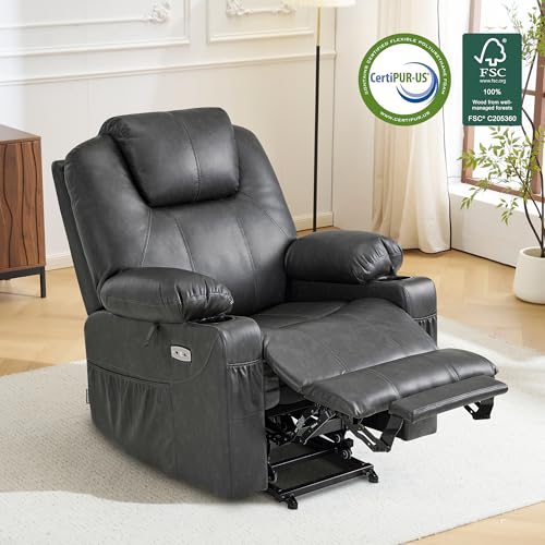 Image of MCombo Electric Power Lift Recliner Chair Sofa with Massage and Heat for Elderly, 3 Positions, 2 Side Pockets, and Cup Holders, USB Ports, Faux Leather 7040 (Grey, Medium)