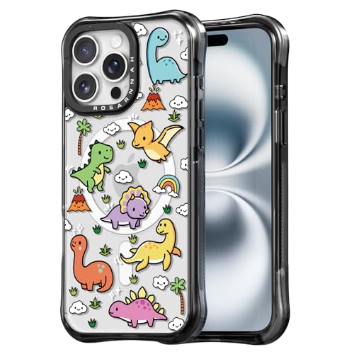 Rosarnnah for iPhone 15 Pro Case Aesthetic Black, Dinosaur Land | Compatible with Magsafe 6.1" Phone Case, Cute Funny Pattern Design for Girls Women, Durable Shockproof 20ft Drop Protection