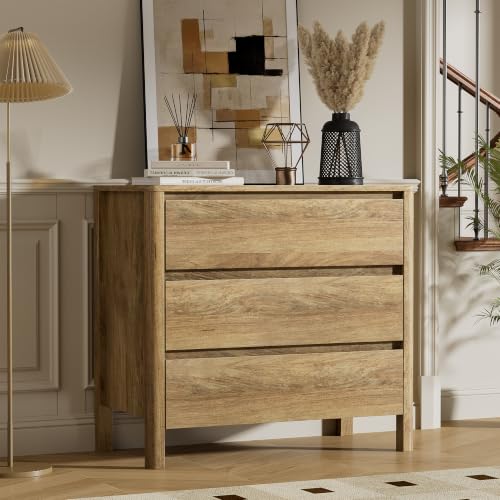 Image of Furniway 31.5 inch Wide 3 Drawer Wood Dresser for Bedroom, Natural Oak
