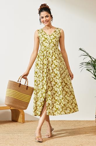 Image of Janasya Women's Olive Green Pure Cotton Floral Printed A-line Dress