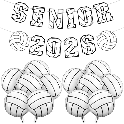 Shyyween Volleyball Senior Night 2026 Banner, Senior 2026 Graduation Party Banners Night Decor with 12 Volleyball Balloons 18 Inch Aluminum Foil Balloon for Sports Party Favors