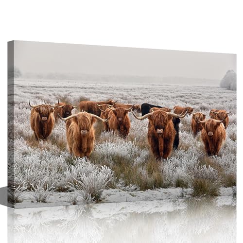 Toile vache des Highlands marron pour sublimer l'ambiance moderne de votre salon