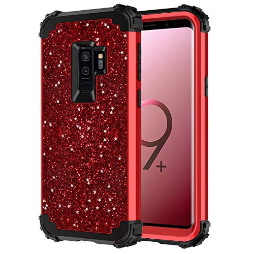 Hekodonk for Galaxy S9+ Plus Case, Heavy Duty Shockproof Protection Hard Plastic+Silicone Rubber Hybrid Protective Case for Samsung Galaxy S9+ Plus Bling Red
