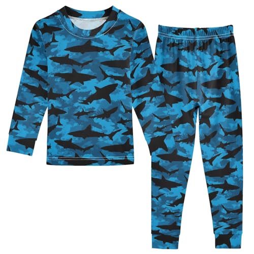 Cartoon Blue Shark Pattern Cute Pajama Sets Long Sleeve Top and Pants, Snug Fit Sleepwear for Night Wears