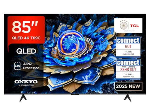 TCL 85T69C 85 Zoll QLED, Direct LED TV, 4K HDR TV, Smart Google TV (Dolby Vision & Atmos, Motion Clarity, Onkyo 2.1 Sound, Kompatibel mit Google Assistant & Alexa)