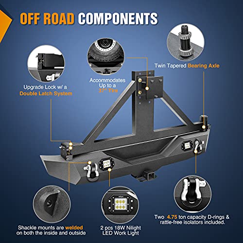 Image of Nilight Rear Bumper & Spare Tire Rack & Hitch Receiver w /2 LED Lights Compatible for 2007-2018 Wrangler JK for 2007-2018 Wrangler JK & Unlimited