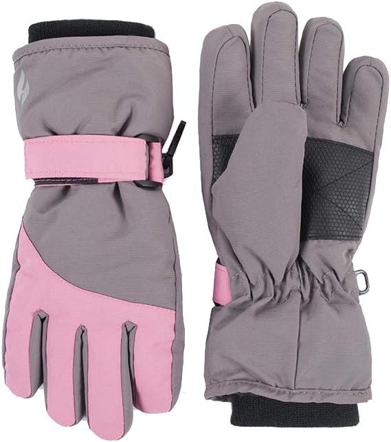 HEAT HOLDERS - Boys Girls Waterproof Fleece Insulated Winter Thermal Ski Gloves (5-10 Years, Pink/Grey)
