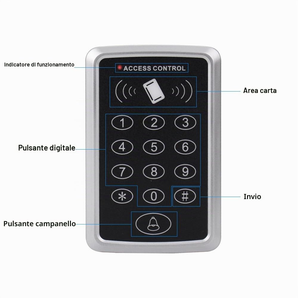 Kit sistema di controllo accessi autonomo Controller tastiera Tastiera RFID impermeabile Lettore porta con password Capacità di 1000 utenti Apertura porta intelligente 10 portachiavi ID