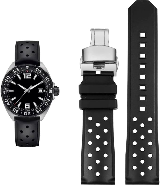 Rubber Strap fit Tag Heuer MONACO CARRERA FORMULA 1 Watch 22mm Black Butterfly Clasp