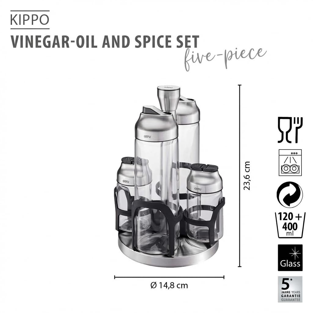 GEFU KIPPO - Olio di aceto e spezie, 5 pezzi, vetro borosilicato e acciaio inossidabile, 2 dosatori + 2 spargitori nella giostra, protezione per aromi e antigoccia