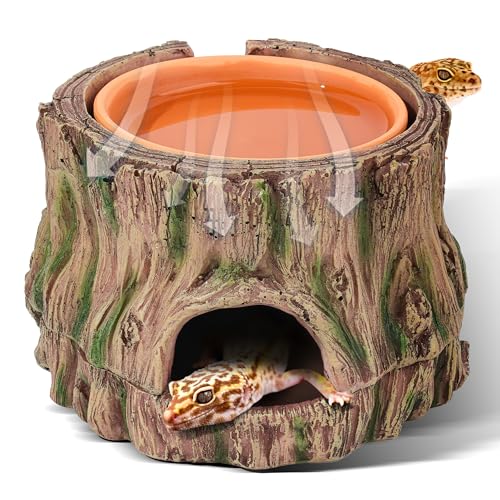 3 in 1 Reptile Hide Cave,Lizard Humid Hideout with Detachable Base and Clay Water Dish,Essential Reptile Terrarium Tank Accessories Decor for Leopard Geckos, Crested Geckos, Snakes, Crabs