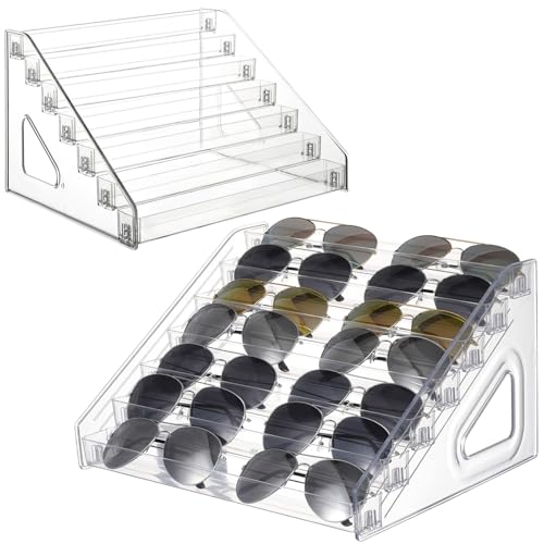 2 Pack 7 Tier Sunglass Organizer Stand, Versatile Clear Acrylic Sunglass Holder Display Stand Sunglass Storage Tray for Highlighting Glasses Makeup Nail Polish Graded Cards
