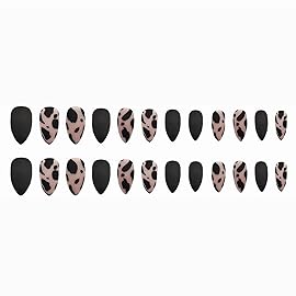 MISUD Press on Nails - Medium Stiletto Glue on Nails with Black Cheetah, Acrylic Matte Leopard Design 24 pcs