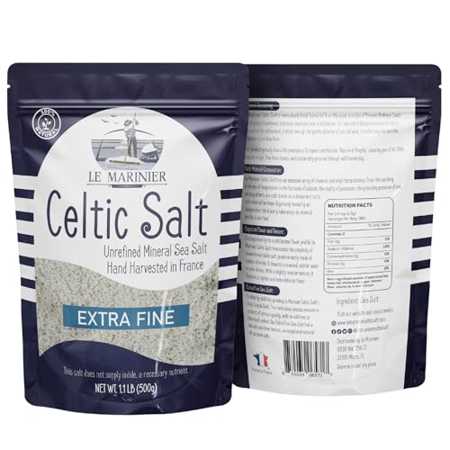 Le Marinier French Salt Extra Fine Sea Salt, 1.1lb - 18oz Pack of 2. Mineral Rich Unrefined French Sea Salt 100% Natural, Hand Harvested Mineral French Salt (1.1lb Extra Fine - Pack of 2)