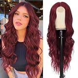 NAYOO Long Wine Red Wavy Wig for Women 26 Inch Middle Part Curly Wavy Wig Natural Looking Synthetic Heat Resistant Fiber for Use (Wine Red)