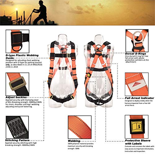 Welkforder 1 D-Ring Industrial Fall Protection Safety Harness Kit With Single Leg 6-Foot Shock Absorber Stretchable Lanyard [1 Snap＆1 Rebar Hook] Ansi Compliant Personal Fall Arrest System(Pfas) #TOP2