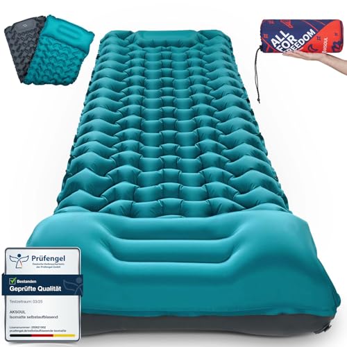 AKSOUL Isomatte Camping Luftmatratze Selbstaufblasend: Ultraleicht Outdoor Groß Aufblasbare Matratze Dick Selbstaufblasbare Schlafmatte Mit Kissen Faltbar Thermo Iso Matte Für Zelt Trekking Strand