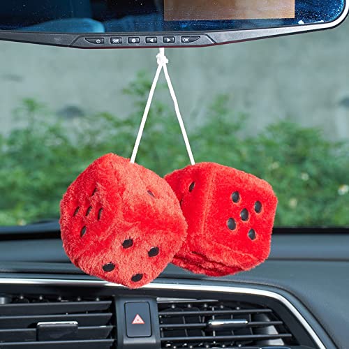 Image of 2.95'' Retro Fuzzy Plush Dice Car Charm Square Rear View Mirror Hanging Ornament Accessories, Red