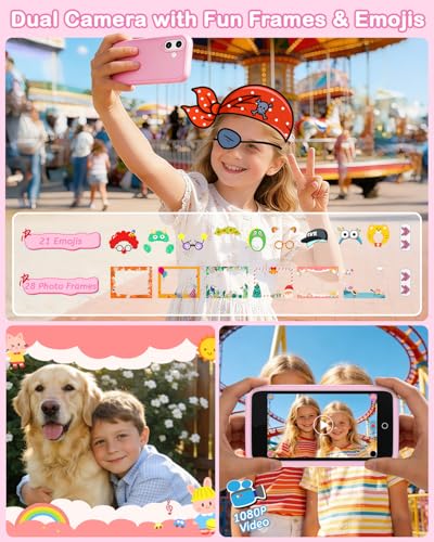 Image of Kids Smart Toy Phone, Dual Camera with Stickers, 10.1 cm Touchscreen Learning Toy with 210+ Games, 190+ Drawing Activities, 8GB Kids Cell Phone, for Ages 3-12 (Pink)