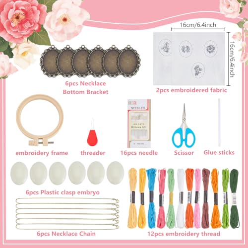 Image of INFUNLY 6 Set Vintage Embroiderys Pendant Kit with Chain Flower Embroidery Stitching Necklace Mini Embroidery Stitch Kit with Hoop Instructions for Adults Beginners Art Gifts Sewing Hanging