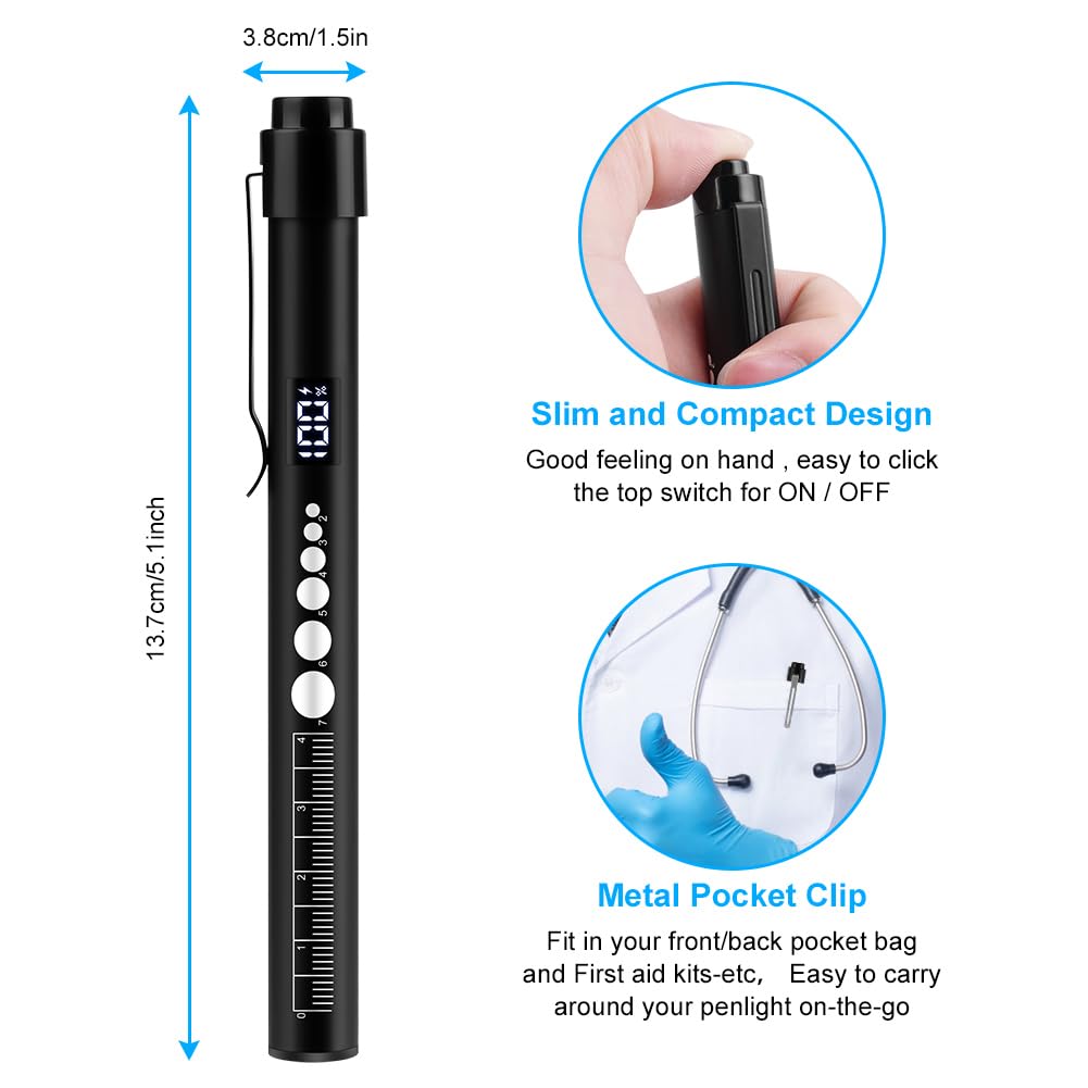 Flintronic Diagnostic Medical Penlight, Rechargeable LED Pen Torch With Pupil Gauge And Clip, First Aid Pupil Gauge Doctors Nurses Medical Pen Light Medical Equipment (Blcak, Digital Display - View #10
