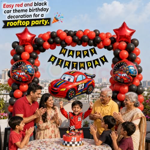 Image of Propsicle Car Theme Decoration for Birthday Kit for Boys Balloons & Banner | Car birthday decoration kit with race car foil balloons, 104 pcs red black metallic latex balloon arch for boys party decor