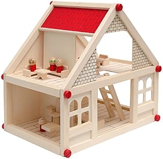 EYEPOWER Two-storey Wooden Dollhouse | Incl Furniture + 4 Characters | Miniature house for dolls made of natural wood | Easy to assemble