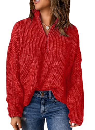 Dokotoo Quarter Zip Pullover Sweaters for Women Cute Waffle Knit