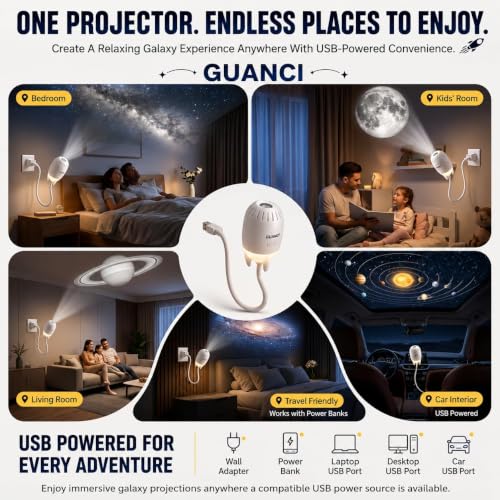 Image of GUANCI 2-in-1 Galaxy Projector Night Light, Mini Star Projector with 5 Slide, USB Portable Starry Sky LED Lamp, 360 Rotating Adjustable Brightness for Bedroom, Kids Room & Car Decor