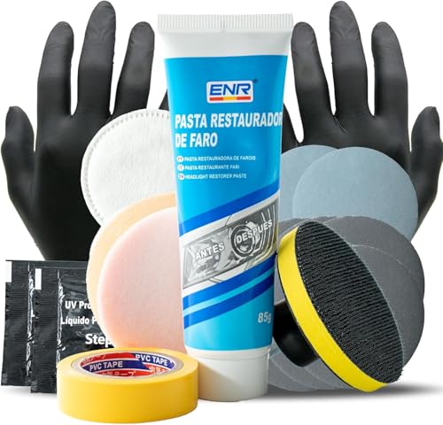 ENR Pulir Faros Coche+ líquido Protector,Kit Pulido reparación con Adaptador Taladro, Pasta limpiadora Potente Adecuado para Todos los Faros Amarillos Oscuros Desgastados.