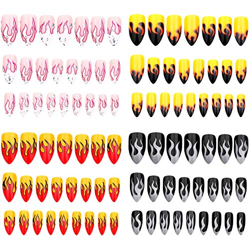 96 Pieces 4 Sets Flame Medium Long Almond Fake Nails Press on Nails Artificial Nail Tips Glossy Full Cover False Nails for Women and Girls, 4 Colors