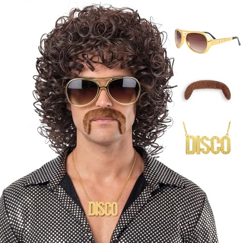 AMZCOS 70s Wig for Men Funny Disco Hippie Wigs for Halloween Costume Party Short Brown Culry Wigs with Glasses Mustache Necklace (Brown)