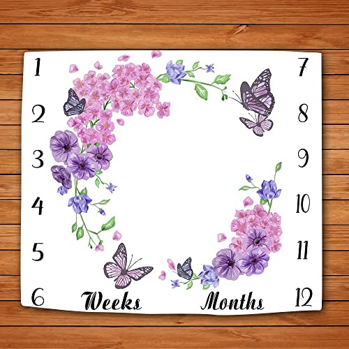 Image of Baby Monthly Milestone Blanket - Floral Butterfly Pattern, Purple, 48x40 Inch, Swaddling & Photo Memory Blanket for Girls