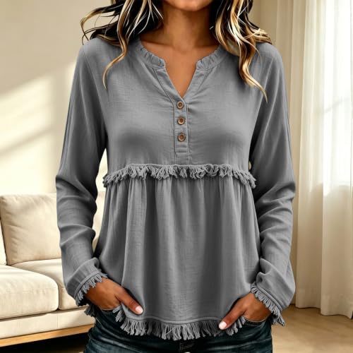 Western Tops for Women Fringe Trim Split Neck Henley Long Sleeve Blouse Relaxed Fit Boho Casual Fall Peasant Shirt Flowy Tops for Women Summer Gray S - image 4
