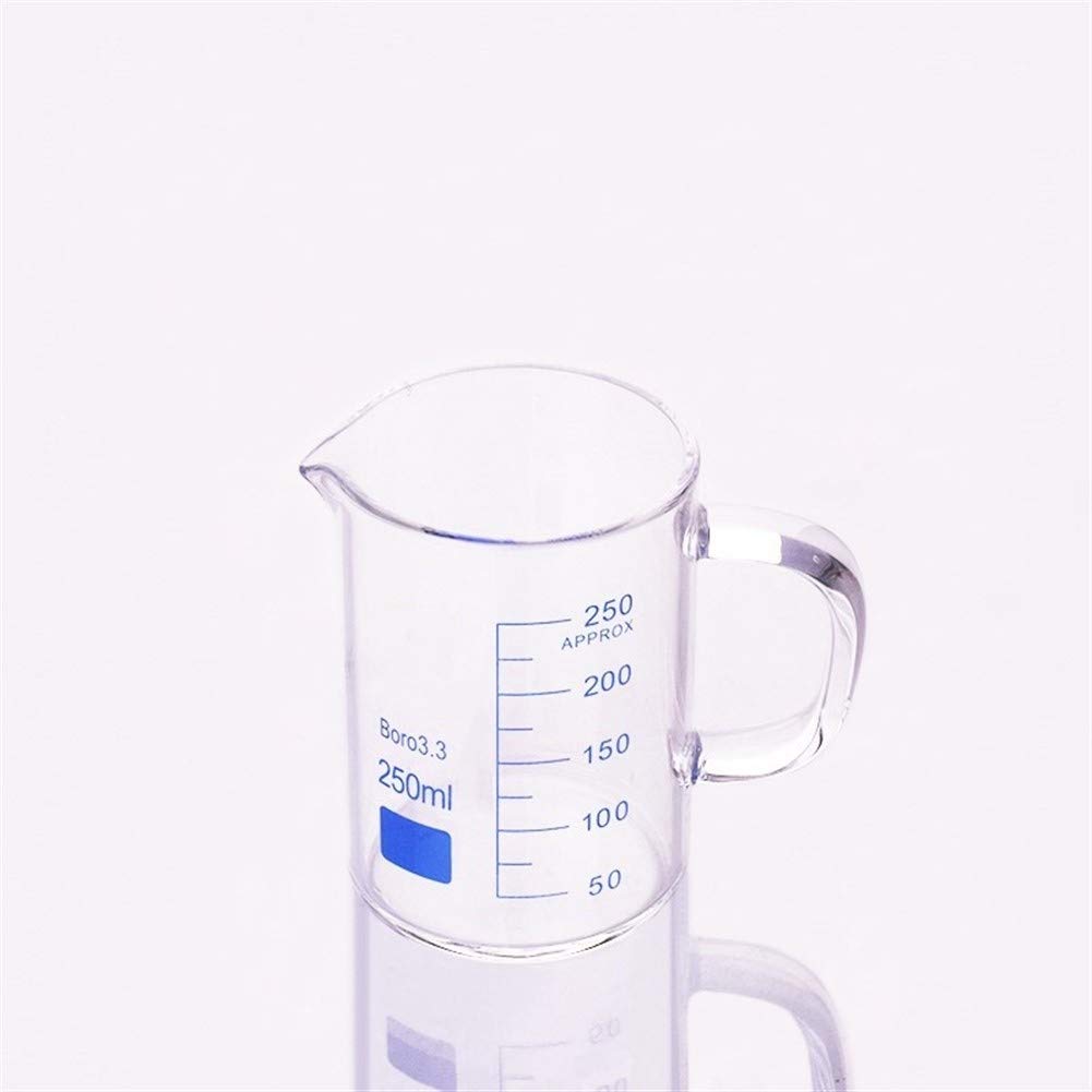 Vaso de Vidrio de Forma Baja con Pico y asa, Capacidad de 250 ml, diámetro Exterior: 71 mm, Grosor: 3,3 mm, Altura: 100 mm, Vaso de Laboratorio.
