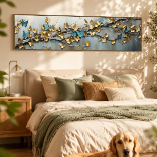 Image of Large Canvas Painting Panel Framed Wall Painting Blue and yellow Butterfly Framed Luxury Paintings for Home Decoration, Living room, Bedroom and Office Decor (Gold, 13x47 Inch)