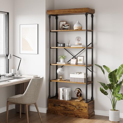 GarveeHome 81.3" Bookshelf with Storage Drawer, Tall Bookcase w/Metal Frame, 5 Tier Vintage Bookshelf Industry Display Storage Shelf for Office Living Room Library Bedroom
