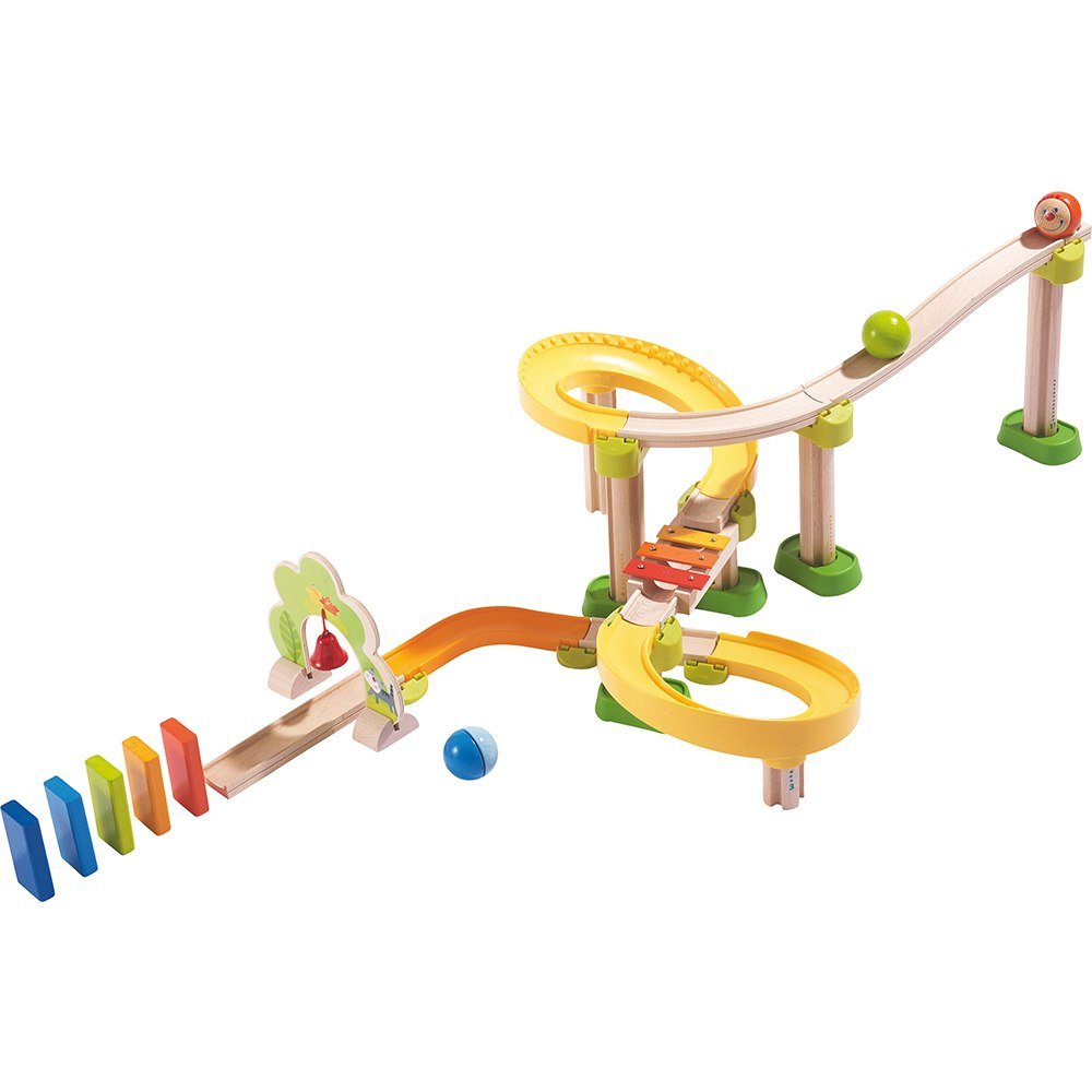 HABA 302056 - Kullerbü - Kugelbahn SIM-Sala-Kling, Holzkugelbahn mit vielen spannenden Bauelementen, Glöckchen-Tor und Klangtreppe, 38 Bauteile, Spielzeug ab 2 Jahren & Kullerbü Ergänzungsset Säulen