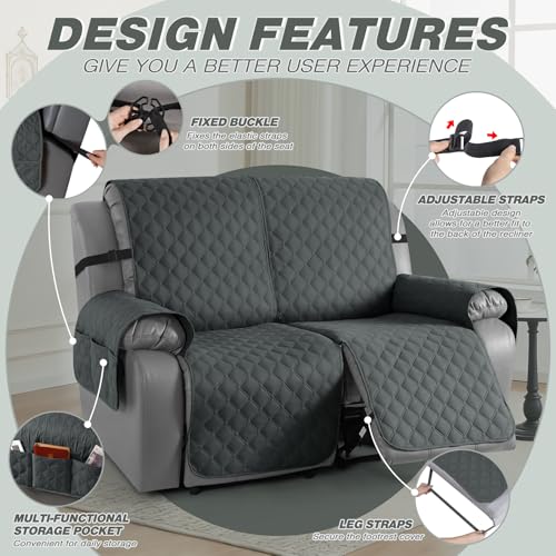 Image of TAOCOCO 100% Waterproof Recliner Covers, Recliner Sofa Covers with Leg Straps, Reversible Recliner Couch Cover for Reclining Chair, Washable Couch Protector for Pets Kids(2 Seater, Dark Gray)