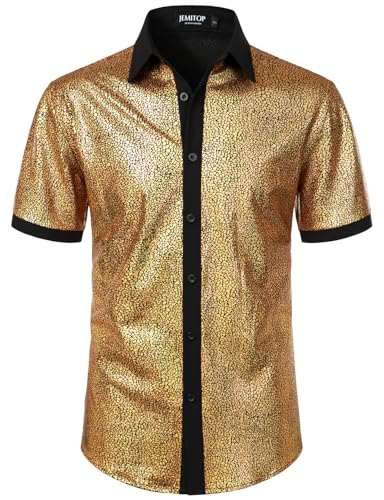 JEMITOP Mens Shiny Metallic Sequin Stretchy Short Sleeve Button Down Shirts 70s Disco Party Halloween Costume Gold L