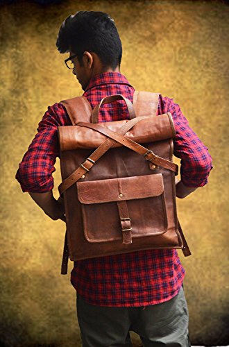 Jaald JLD20 23 Inch Brown Leather Backpack Vintage Rucksack Laptop Bag Water Resistant Roll Top College Bookbag Comfortable Lightweight Travel Hiking/Picnic thumb #4
