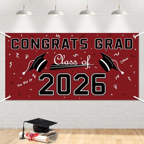 Image of Graduation Decorations 2026 2027 - Maroon Polyester Graduation Backdrop - Graduation Party Decorations - Congrats Grad Banner - Graduation Decorations Class of 2026,Graduation Party Favors Supplies Yard Sign
