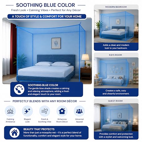 Image of Mosquito Net for King Size Bed & Double Bed (6x7 ft, Wall /Hook Hanging) Poly-Cotton Blend Fabric with Zigzag Wave Line Pattern, Pre-Fitted Bottom & Cotton Ribbon (Ocean Blue)