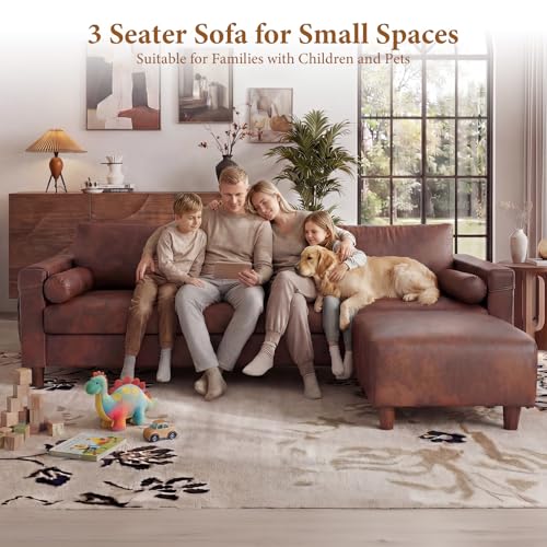 Image of Vesgantti 100 inch L Shaped Faux Leather Couch with Movable Ottoman, Extra Wide Seater PU Leather Sectional Sofa with Side Pocket, Mid Century Modern Modular Sofa for Living Room, Apartment, Dark Brown