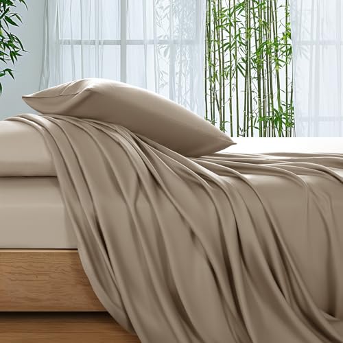 SONORO KATE 100% Viscose Derived from Bamboo_Sheets Full Size, Ultra Breathable & Cooling Bed Sheets for Hot Sleepers, Hotel Luxury Silky Bedding Sheets, 16" Deep Pocket - 4PC (Simply Taupe,Full)