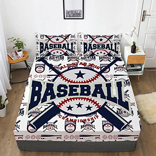 F-CHU Baseball 3D Pattern Bed Sheet Set - Queen Size, 1 Fitted Sheet with 2 Pillowcases