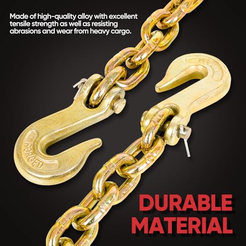 Image of Dollate G80 Transport Binder Chain 3 /8 Inch x 10 Foot, Heavy Duty Chain with 5400 lbs Safe Working Load Limit, Logging Chain with Grab Hooks for Transporting, Towing, Tie Down, Binding Equipment