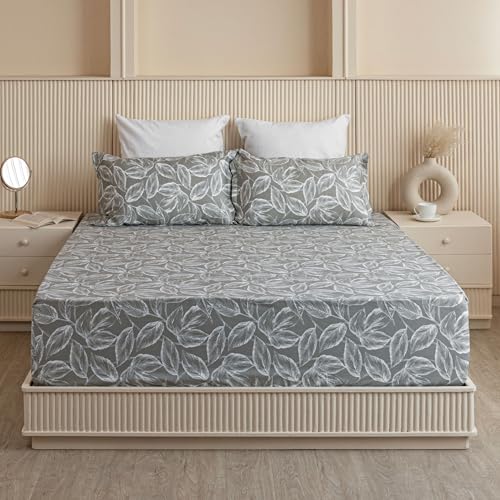 Image of HOMEMONDE Cotton Elastic Bedsheets Leaf Printed Noiseless Fitted Bed Sheets King Size 72 x 78 Inches with 2 Pillow Covers - Grey | Perfect for Home Decor & Gifting